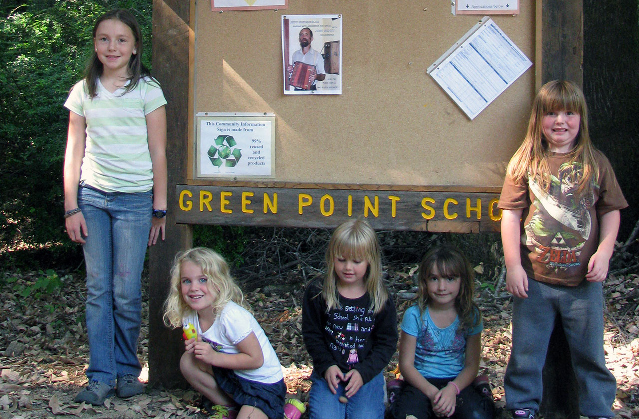 Students in front of the school sign